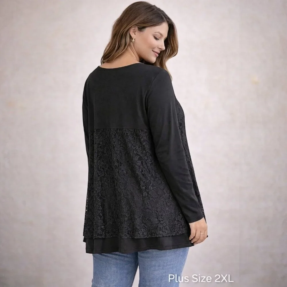 Women's Black Lace Tunic Top Basic Flowy Long Sleeve Blouse Plus & Regular Size - Picture 2 of 5